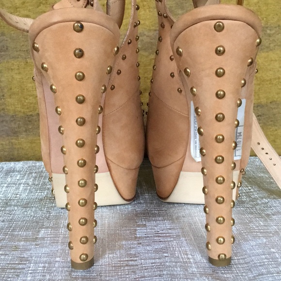 NWT Nando Muzi Tan Studded Nubuck Leather Peep-Toe - Picture 5 of 8